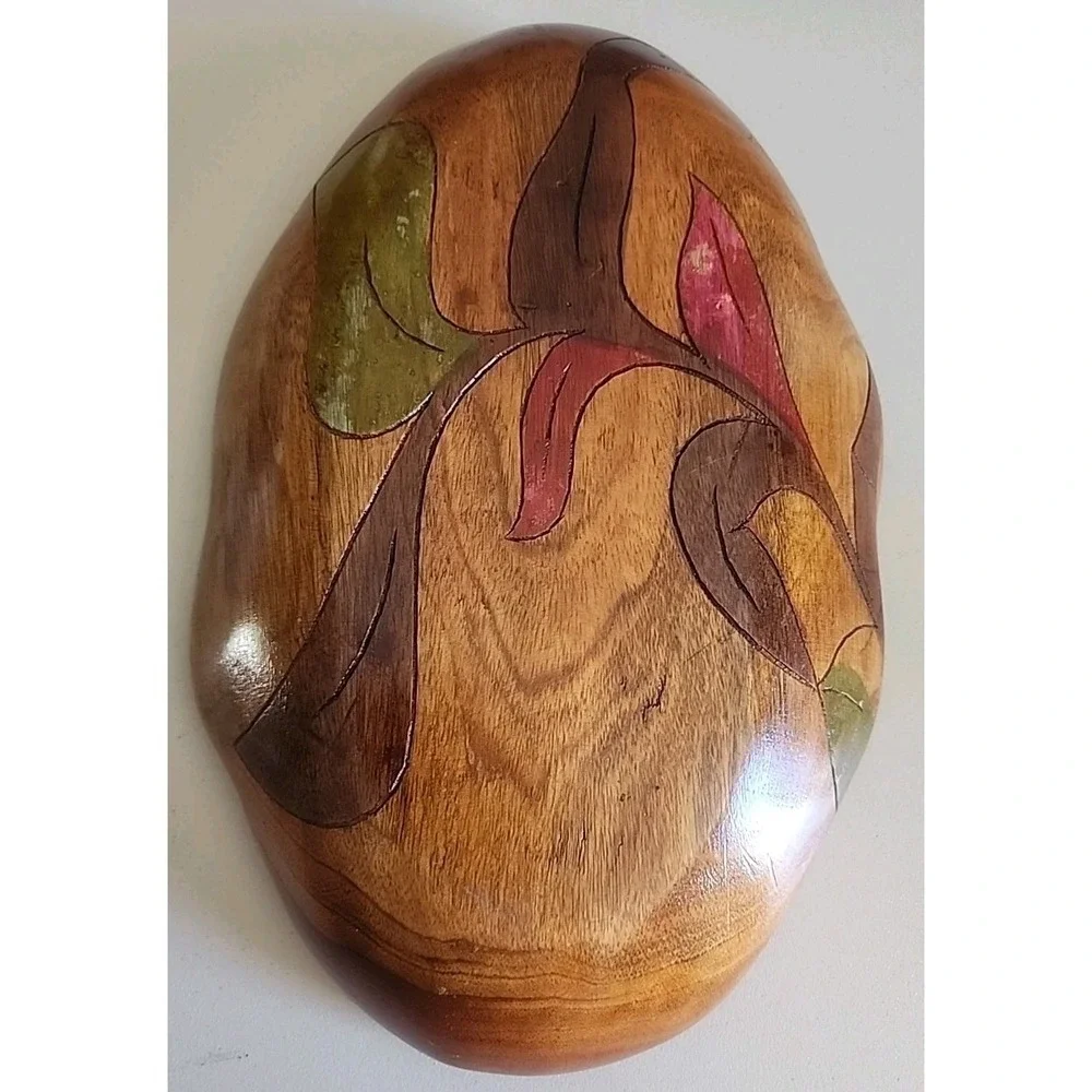 Hand Carved wood serving bowl monkey Fish pod 5 compartments Flowers Vintage